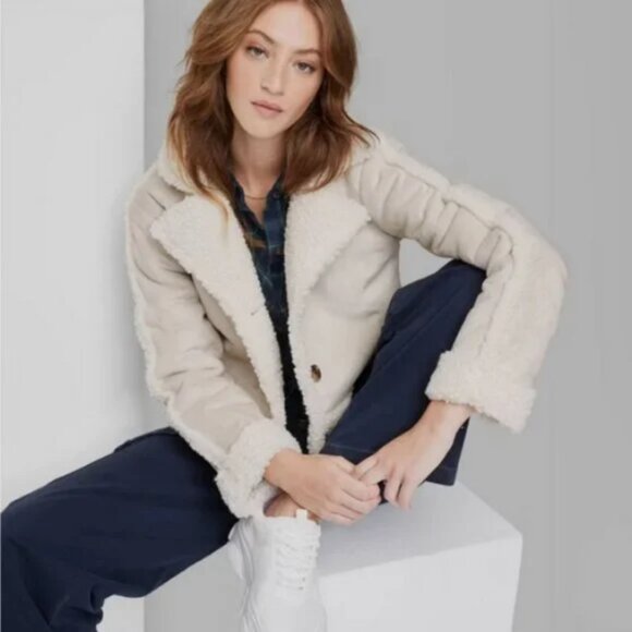 Women's Faux Shearling Jacket - Wild Fable Off-White L - Picture 1 of 3